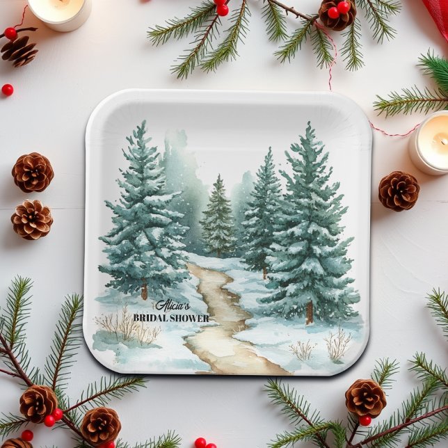 Pine Forest in Snow Winter Bridal Shower Paper Plate (Creator Uploaded)