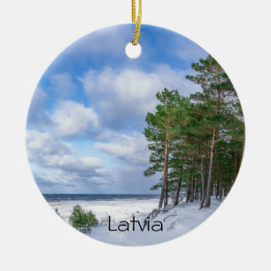 Pine forest near sea coast in Latvia Ceramic Ornament