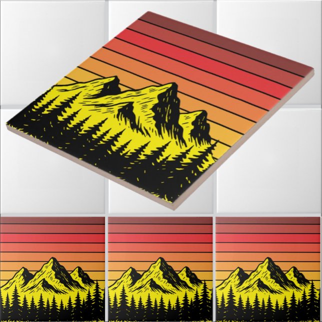 Pine Forest Over Mountains & Retro Sunset Frieze Ceramic Tile (Creator Uploaded)