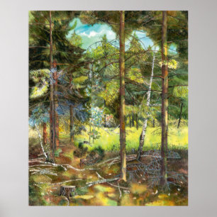 Pine forest painting watercolor poster