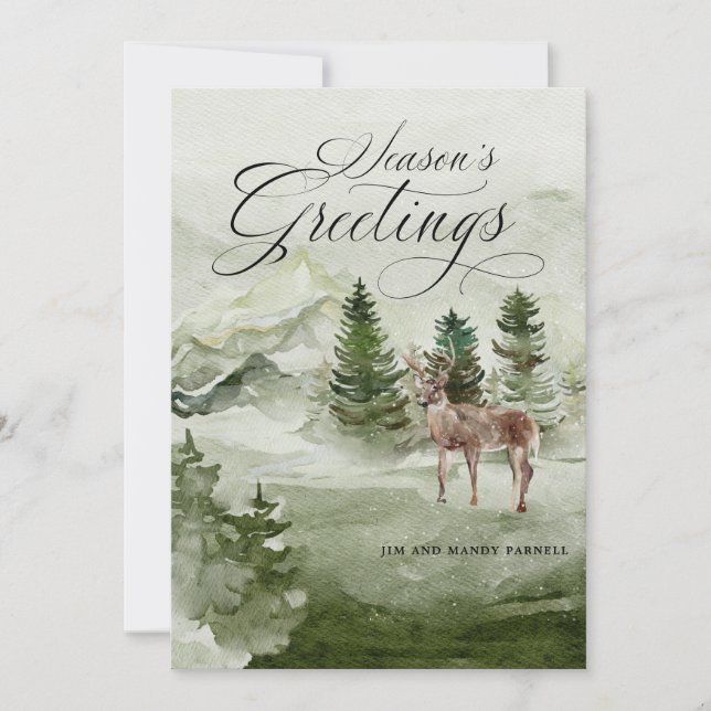 Pine Forest Snow Deer Season's Greetings Card (Front)