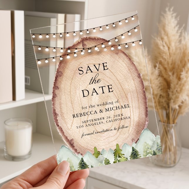 Pine Forest Wood Slice Wedding Save the Date Acrylic Invitations (Creator Uploaded)
