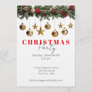 Pine Garland Gold Ornaments Christmas Party Invitation