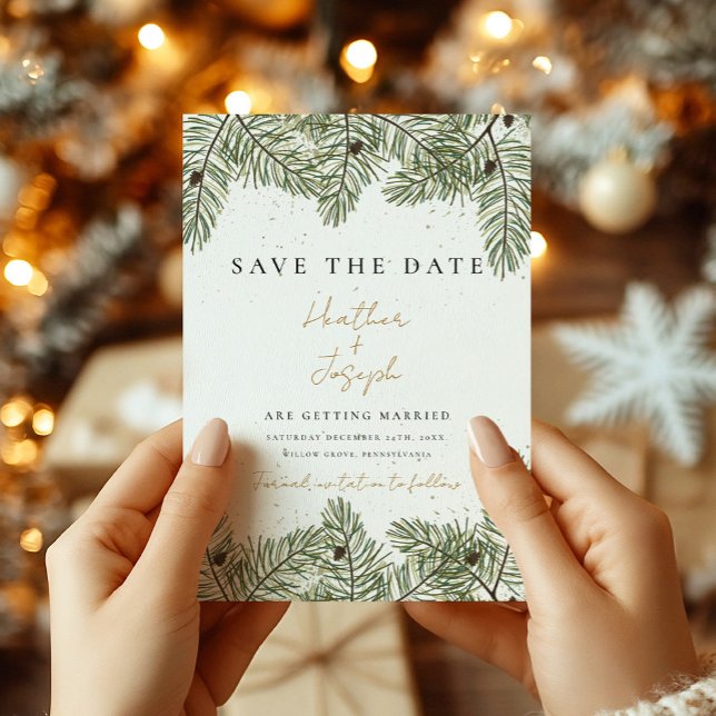 Pine & Gold Christmas Foliage Wedding save the dat Invitation (Creator Uploaded)
