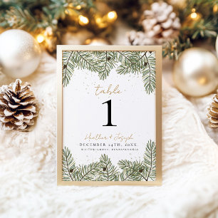 Pine & Gold Christmas Foliage Wedding Table Number