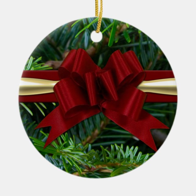 Pine/Gold/Red Bow Ceramic Tree Decoration (Front)