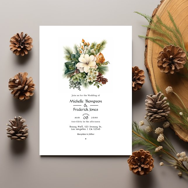 Pine Green and Soft Browns Floral Winter Wedding Invitation (Creator Uploaded)