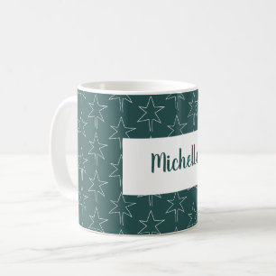 Pine Green Christmas Stars Pattern Monogrammed Coffee Mug