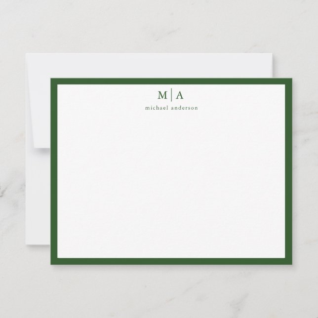 Pine Green Classic Border Monogram Correspondence  Card (Front)