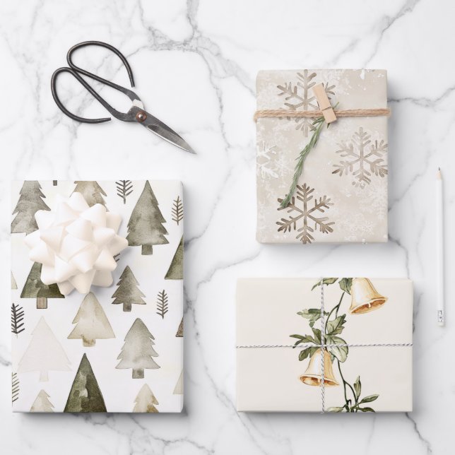 Pine Green Cream Christmas Trees Bells Snowflakes Wrapping Paper Sheet (Front)