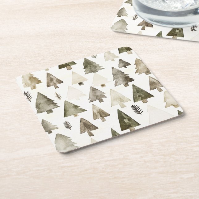 Pine Green Cream Christmas Trees Square Paper Coaster (Angled)