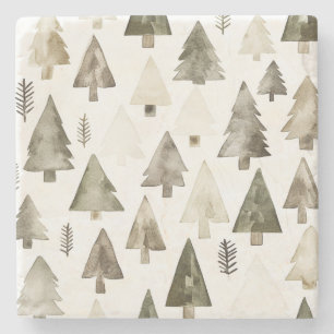 Pine Green Cream Christmas Trees Stone Coaster