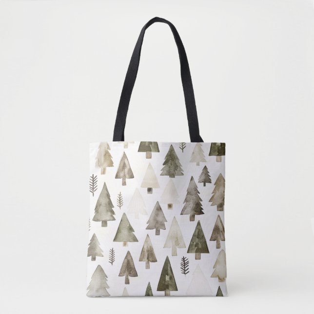 Pine Green Cream Christmas Trees Tote Bag (Front)