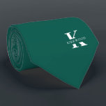 Pine Green Elegant Monogram   Name | One-Sided Tie<br><div class="desc">An elegant one-sided necktie featuring a bold white monogram across a deep Pine Green background. On top of this monogram sits your first or last name spelled out in all capitals letters. If you prefer a bolder look for the personal name inside of the large letter you can do the...</div>