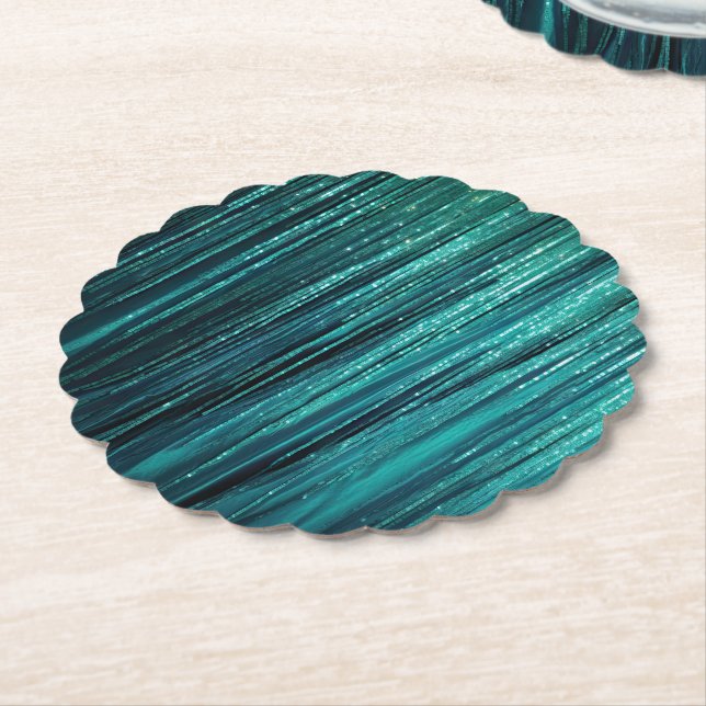 Pine Green Glitzy Tinsel Stripes Christmas Paper Coaster (Angled)