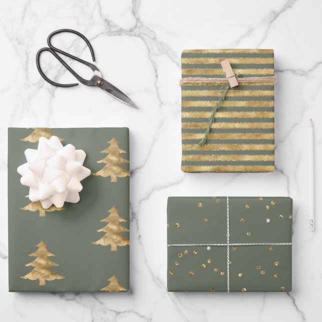Pine Green Gold Christmas Tree Stripes Sparkle Wrapping Paper Sheet (Front)