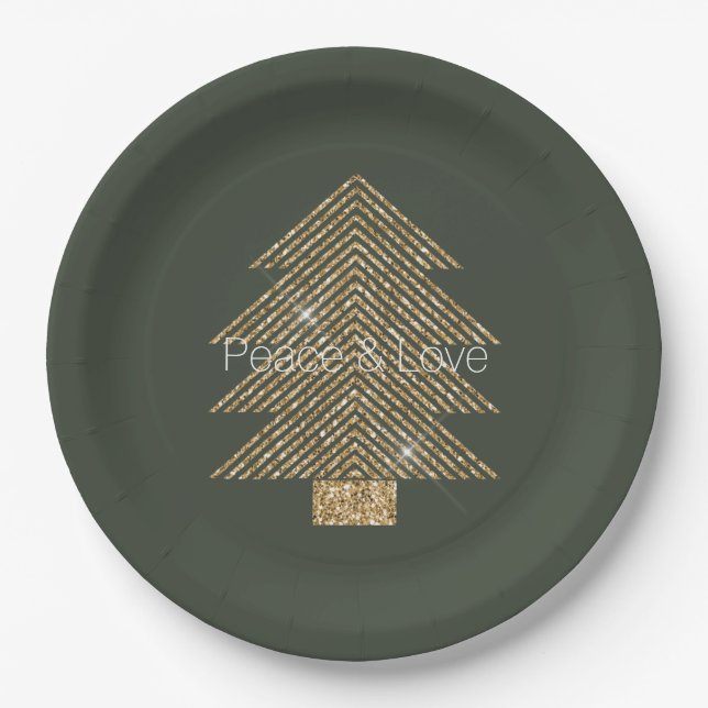 Pine Green Gold Glitzy Glitter Christmas Tree    Paper Plate (Front)