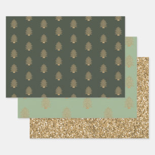 Pine Green Gold Glitzy Glitter Christmas Trees  Wrapping Paper Sheet