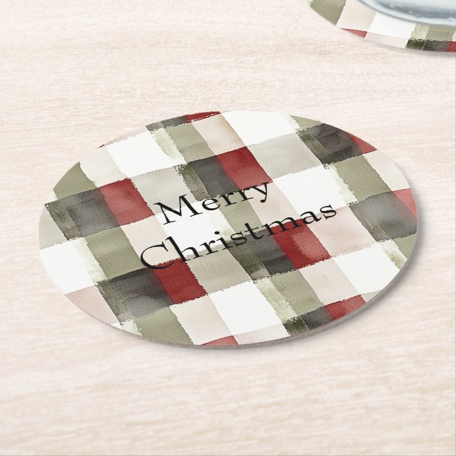 Pine Green Ivory Red Stripes  Round Paper Coaster (Angled)