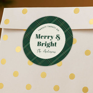 Pine Green Plaid Modern Merry & Bright Christmas Classic Round Sticker