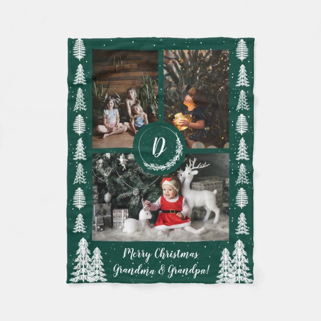 Pine Green Snowy Christmas Trees Holiday Fleece Blanket (Front)