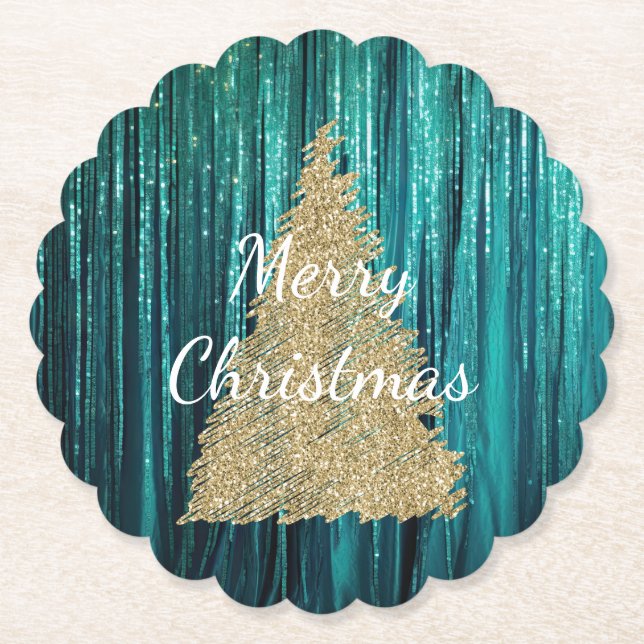 Pine Green Tinsel Gold Christmas Tree Paper Coaster (Front)