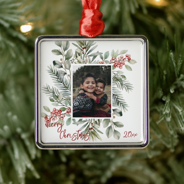 Pine Greenery Holly Photo Merry Christmas Metal Ornament (Tree)