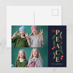 Pine Holly Berries Navy Peace Multiple Photo Holiday Postcard