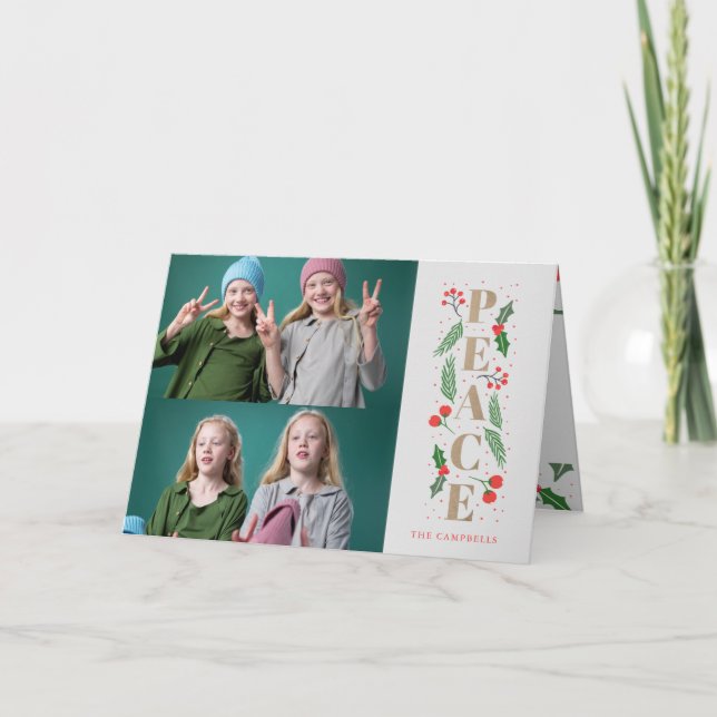 Pine Holly Berry Gold Peace Multiple Photo  Holiday Card (Front)