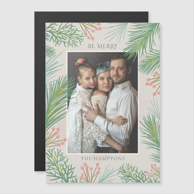 Pine Holly Berry Photo Holiday Magnetic Card (Front/Back)