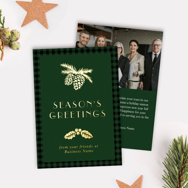 Pine Holly Green Buffalo Check Season's Greetings Foil Holiday Card (Creator Uploaded)