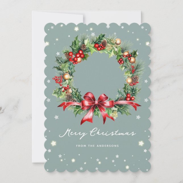 Pine Holly Red Berries Wreath Family Photo Holiday Card (Front)