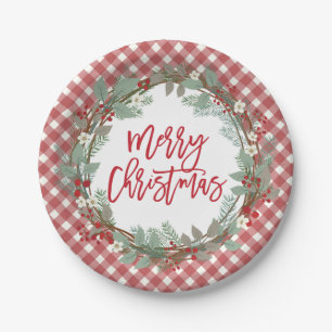 Pine & Holly Rustic Farmhouse Gingham Christmas Paper Plate