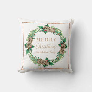 Pine Holly Wreath Rose Gold Script Merry Christmas Cushion