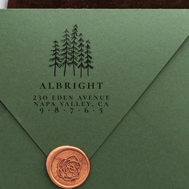 Pine Illustration & Custom Name Return Address Rubber Stamp (Rubber Stamp Mock-up)