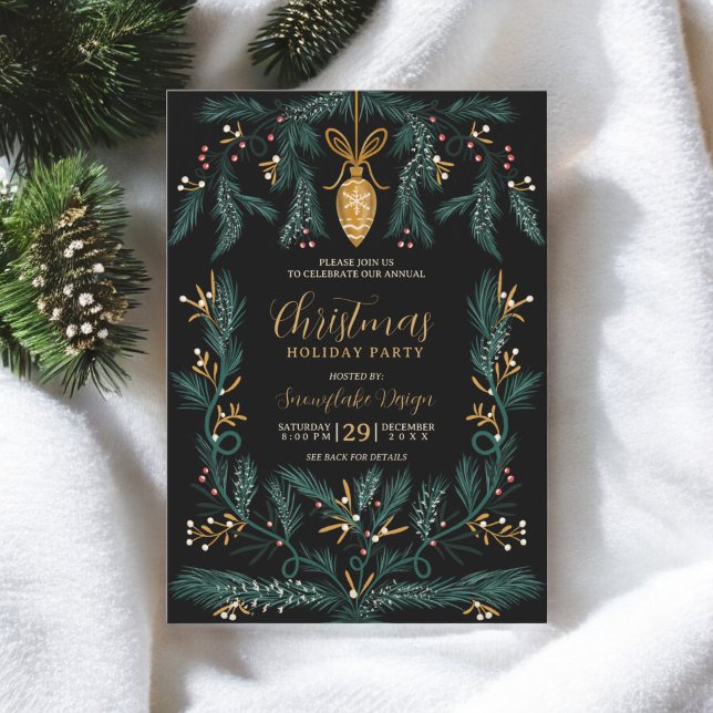 Pine illustration green gold corporate Christmas Invitation (Pine illustration green gold corporate Christmas Invitation)