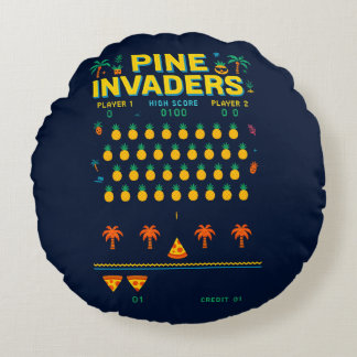 Pine Invaders-Pineapple Empire Retro Games Series Round Cushion