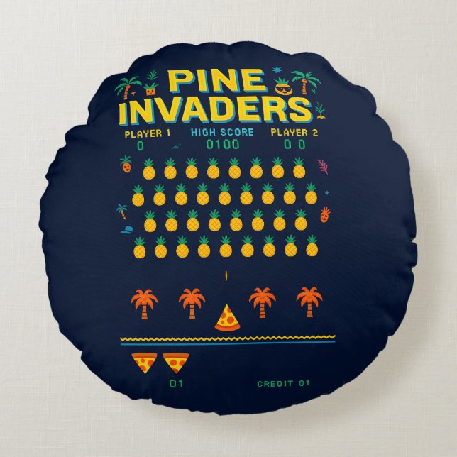 Pine Invaders-Pineapple Empire Retro Games Series Round Cushion (Front)