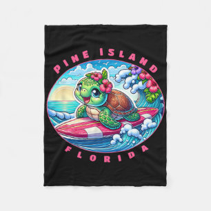 Pine Island Florida Cute Surfing Girl Sea Turtle Fleece Blanket