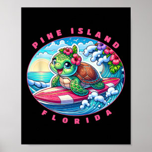 Pine Island Florida Cute Surfing Girl Sea Turtle Poster