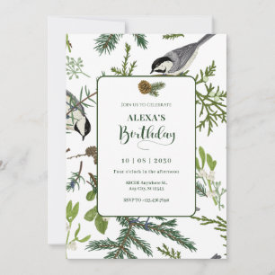 Pine leaves bird birthday invitation