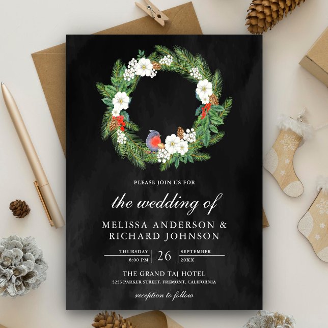 Pine Leaves Floral Wreath Black Christmas Wedding Invitation (Creator Uploaded)