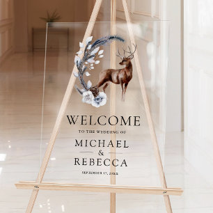 Pine Leaves Forest Deer Wedding Welcome Acrylic Sign