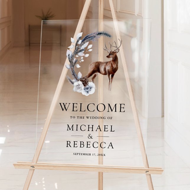 Pine Leaves Forest Deer Wedding Welcome Acrylic Sign (Creator Uploaded)