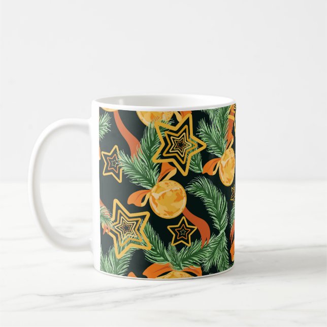 Pine leaves, stars: festive pattern coffee mug (Left)