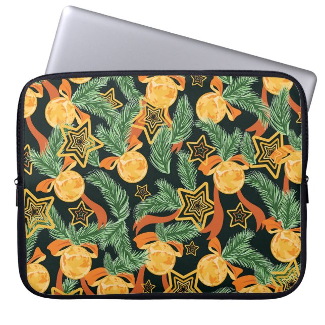 Pine leaves, stars: festive pattern laptop sleeve (Front)