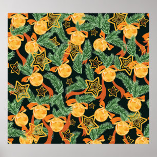 Pine leaves, stars: festive pattern poster