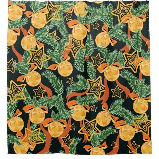 Pine leaves, stars: festive pattern shower curtain (Front)
