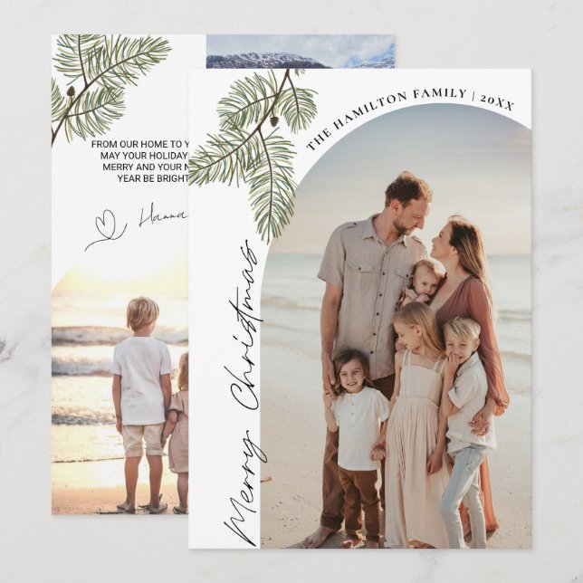 Pine Merry Christmas Minimalist Family 2024 photo Holiday Card (Front/Back)