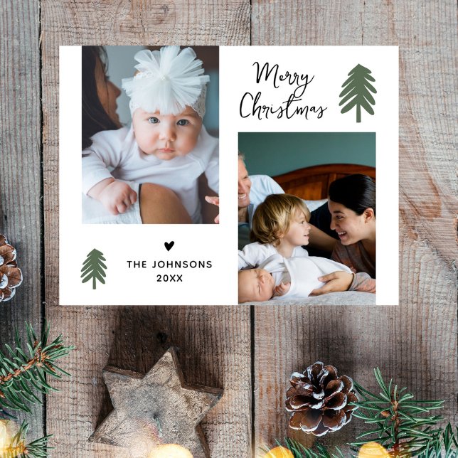 Pine Modern Christmas Script Minimalist 2 Photo  Holiday Postcard (Creator Uploaded)